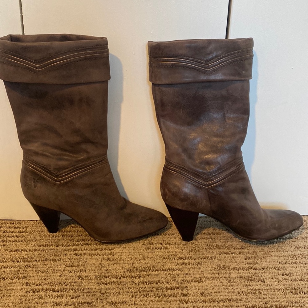 Frye Simone Slouch Cuff Heeled Boot Gray Mushroom Brown Greige NWOT